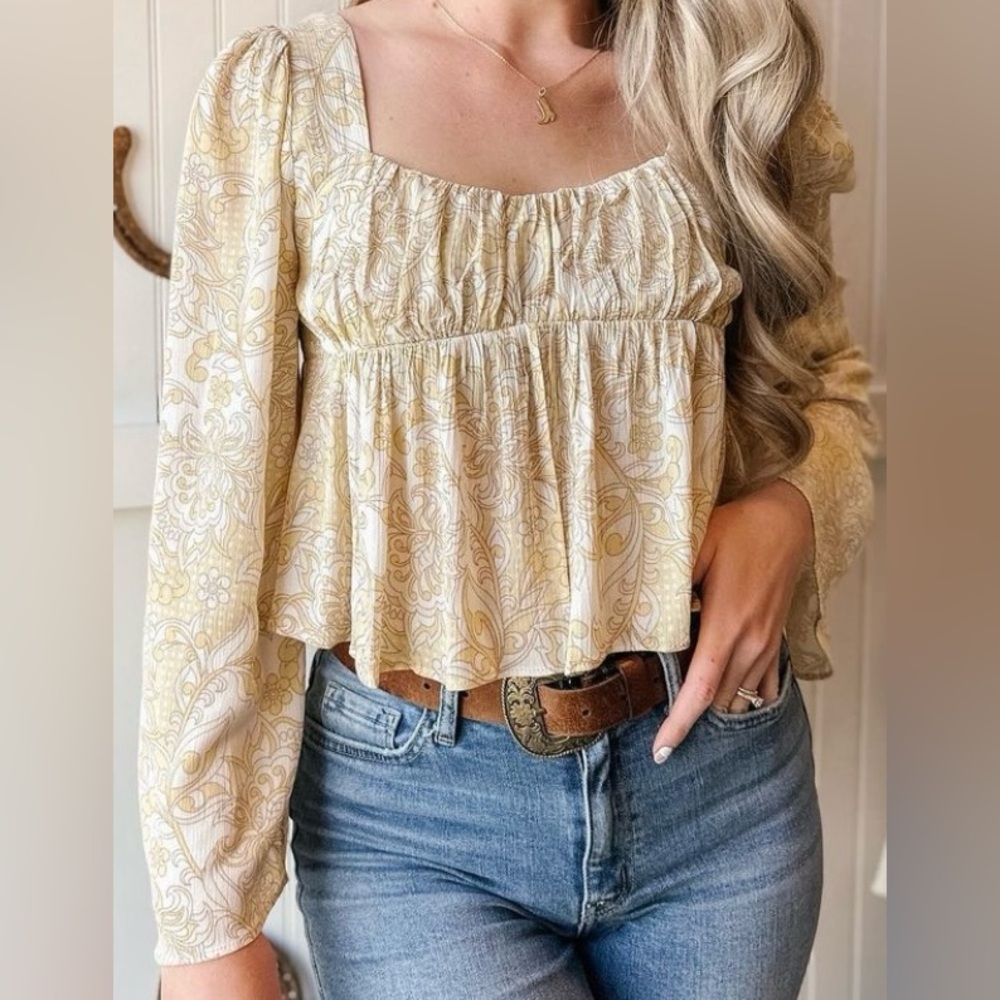 Sage the Label Yellow Crinkle Long-Sleeve Top